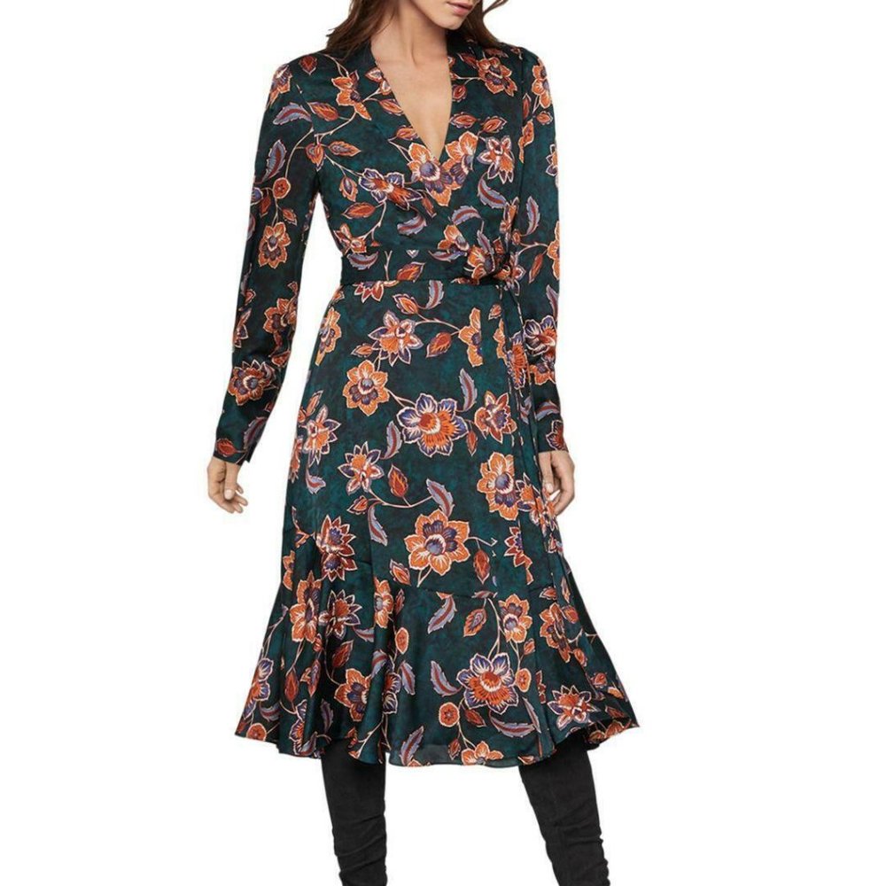 Floral Satin Georgette Green Blue Wrap Dress Nwt S,L,X